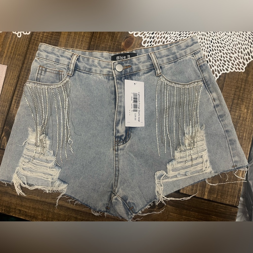 Blue B Light Wash Distressed Denim Jean Shorts with Rhinestone Fringe